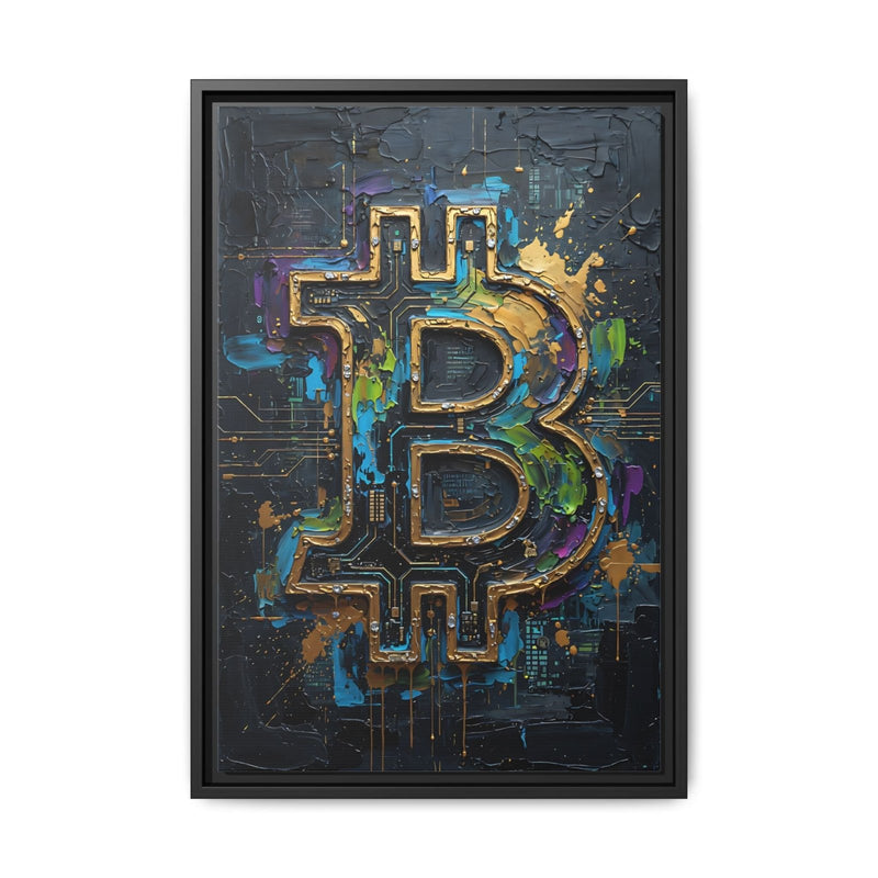 Framed Bitcoin B logo canvas wall art, dark blue, gold, and purple abstract highlights