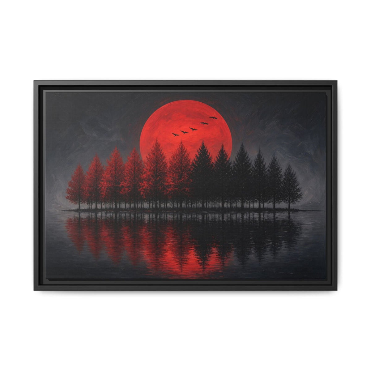 Framed canvas wall art with red moon, dark evergreens, and red-tinted lake reflection, black frame