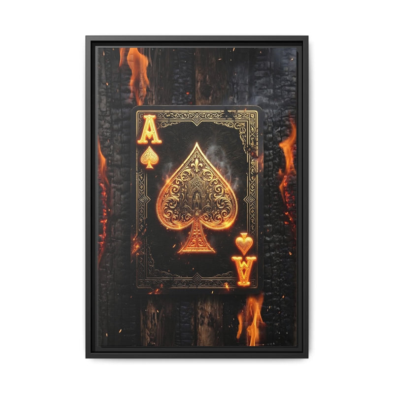 Black-framed vertical canvas featuring a gold ace of spades with flame accents