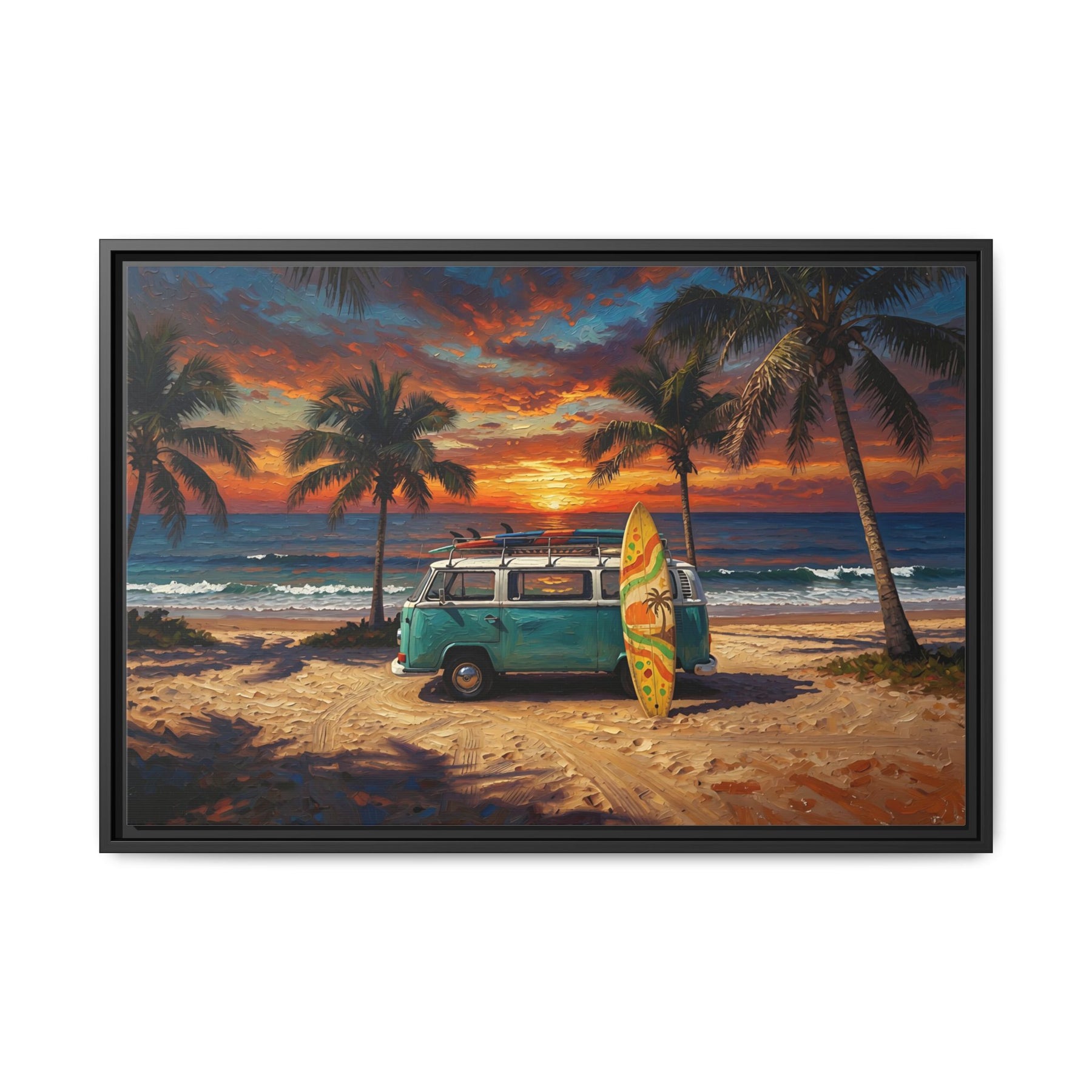 Beach Sunset Van Canvas Print — Surfboard Coastal Wall Art (Framed)