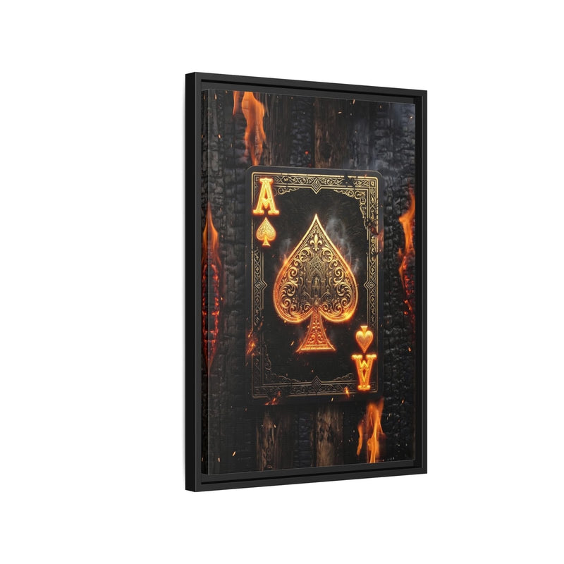 Tilted framed canvas showing gold ace of spades on dark textured background with flames