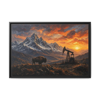Black-framed matte canvas of bison, pumpjack, and mountain sunset landscape