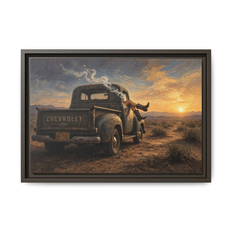 Framed canvas featuring a vintage Chevrolet pickup truck and cowgirl in a golden desert sunset.