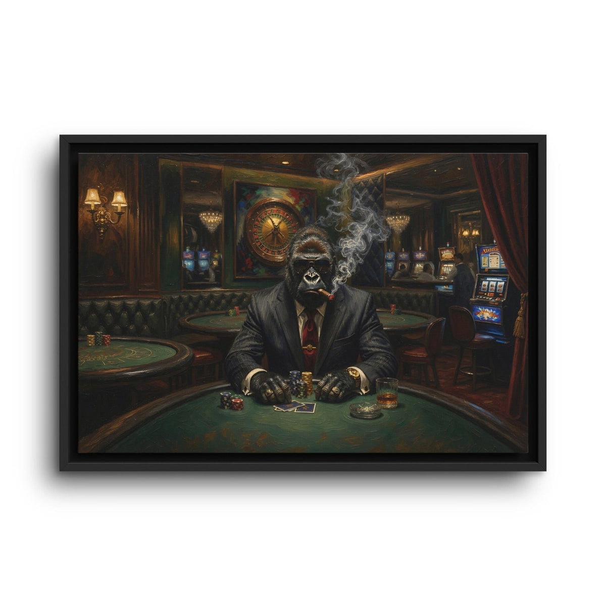Framed canvas poker wall art showing a suited gorilla leaning over poker cards
