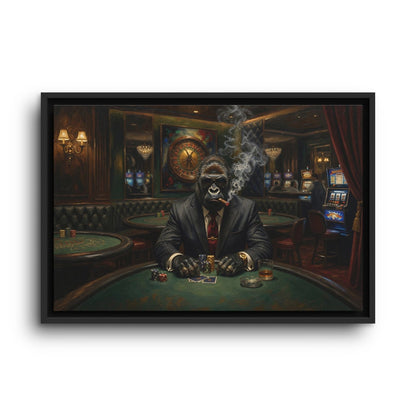 Framed canvas poker wall art showing a suited gorilla leaning over poker cards