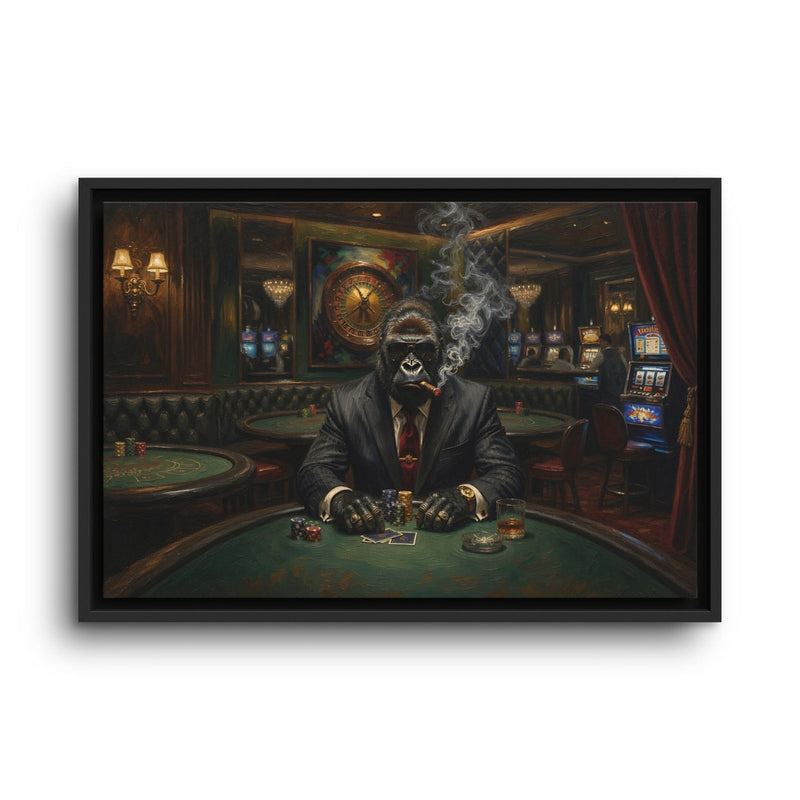 Framed canvas poker wall art showing a suited gorilla leaning over poker cards
