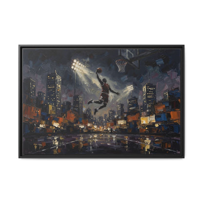 City Lights Dunk - Epic Night Basketball Player Framed Canvas Wall Art | Man Cave Decor