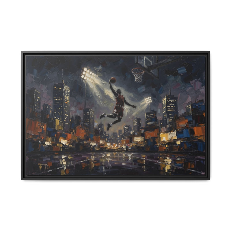City Lights Dunk - Epic Night Basketball Player Framed Canvas Wall Art | Man Cave Decor