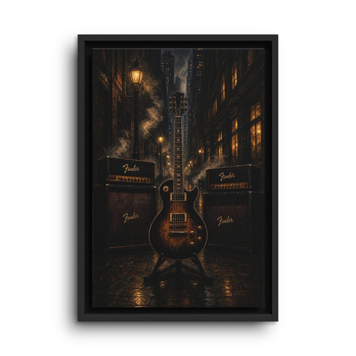 Vertical framed wall canvas with dark city skyline, electric guitar, and amp cabinets