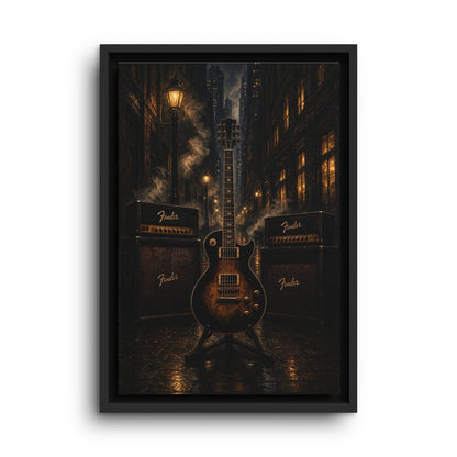 Vertical framed wall canvas with dark city skyline, electric guitar, and amp cabinets