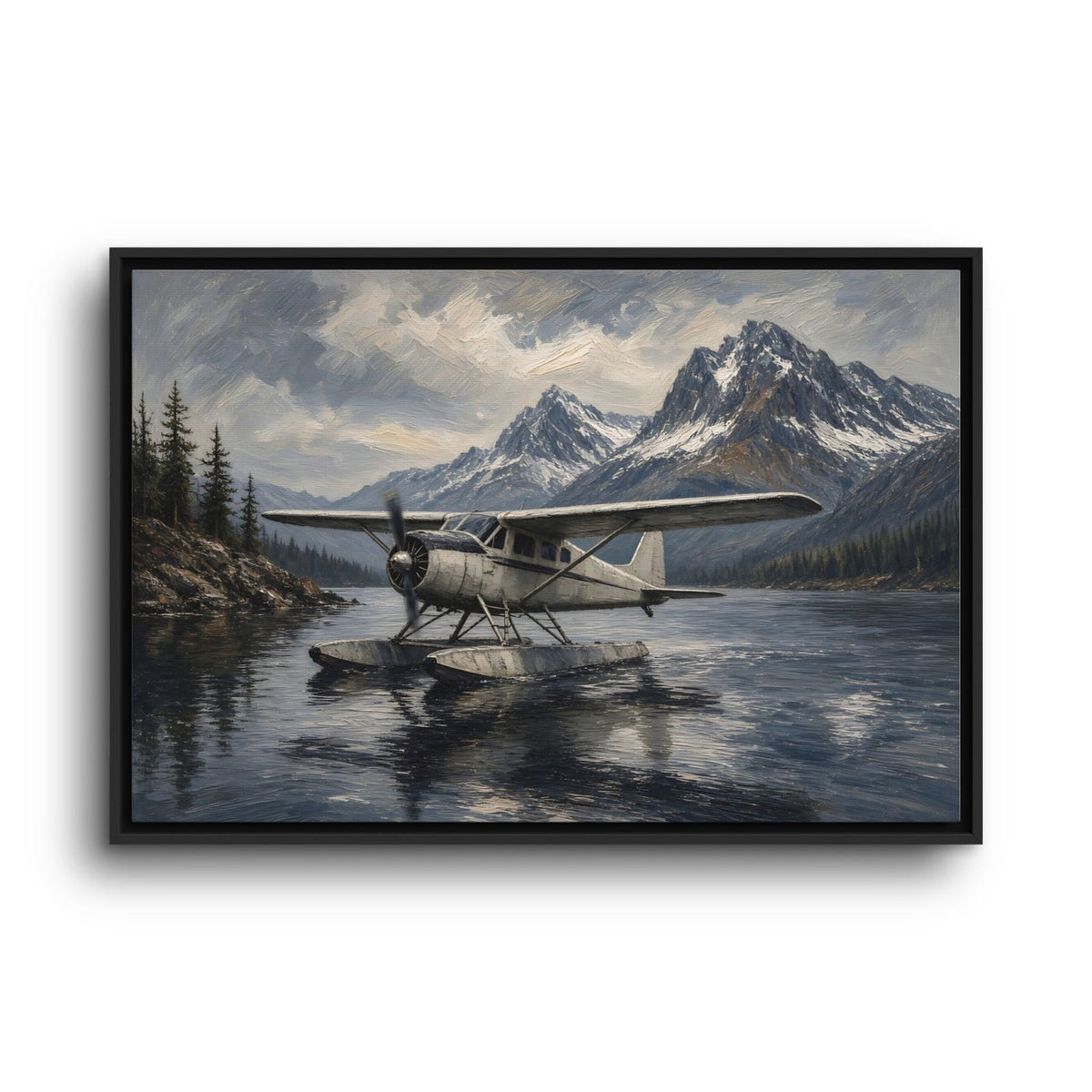 Black-framed seaplane canvas print showing aircraft on calm water with rocky mountain range