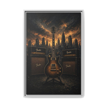 Guitar, Amps & Burning Skyline Cityscape Canvas