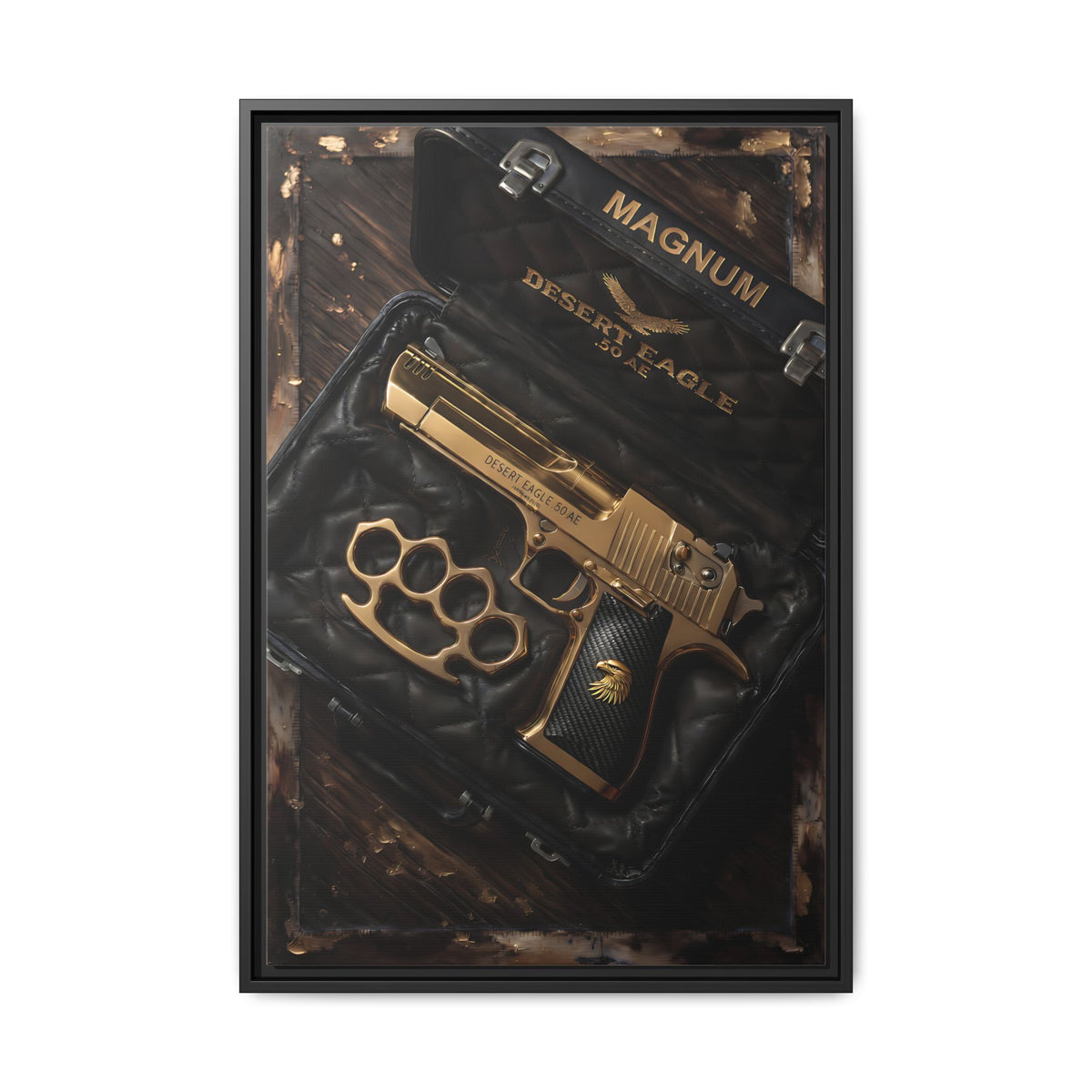 Framed canvas wall art with gold handgun and brass knuckles illustration, black frame