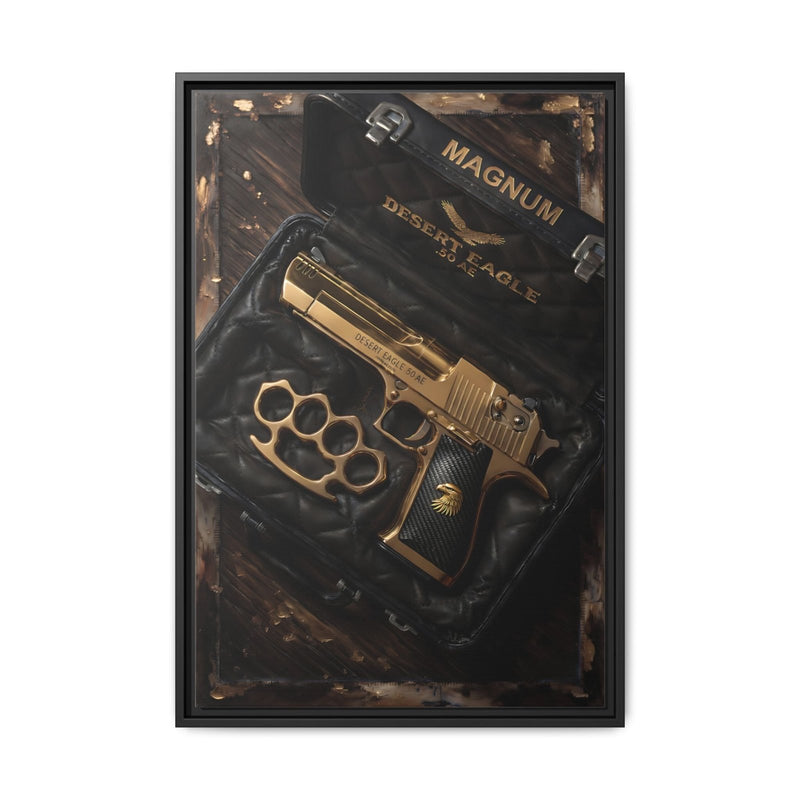 Framed canvas artwork close-up of Desert Eagle pistol and brass knuckles, black and gold