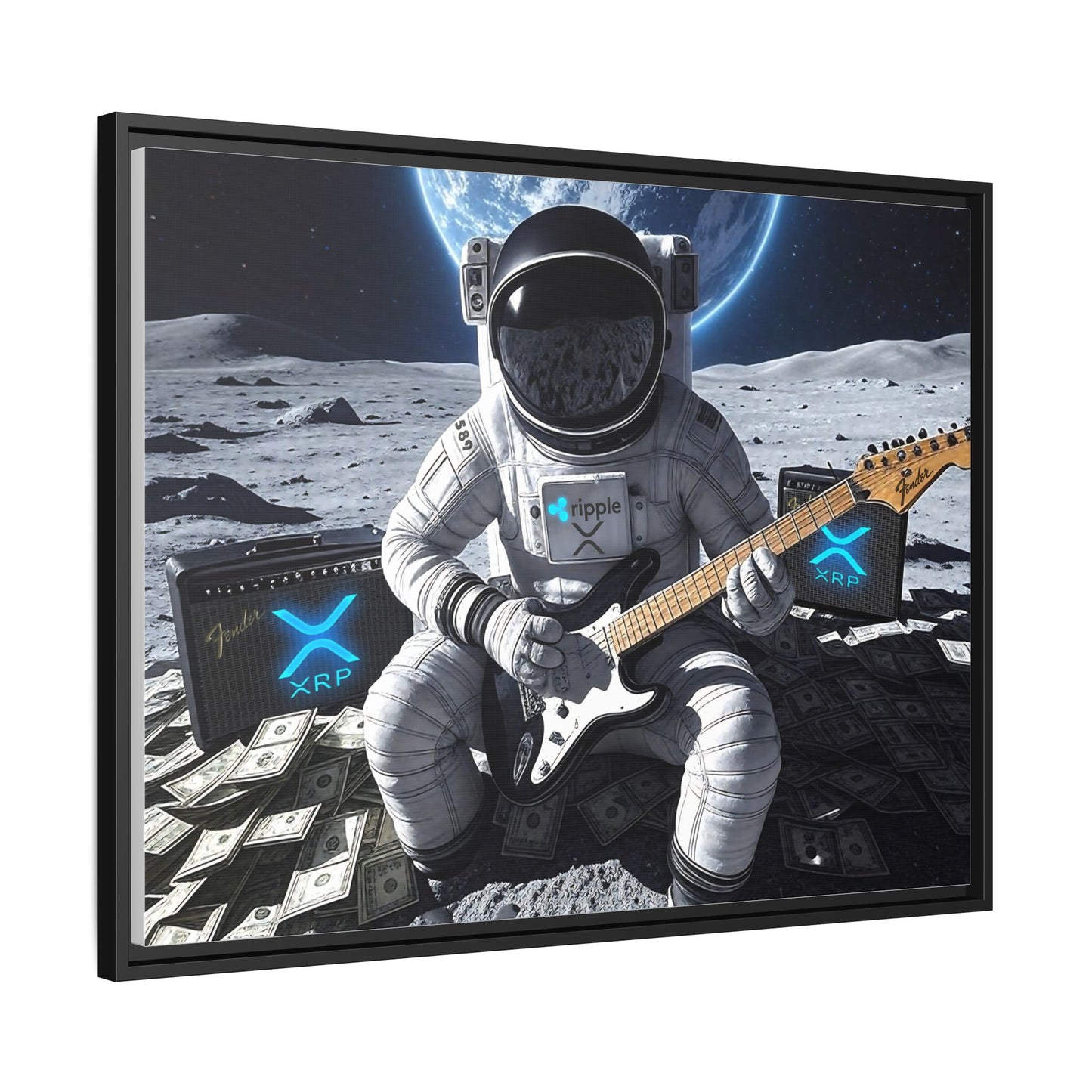 XRP To The Moon! Astronaut Playing Electric Guitar Canvas | Framed Wall Art