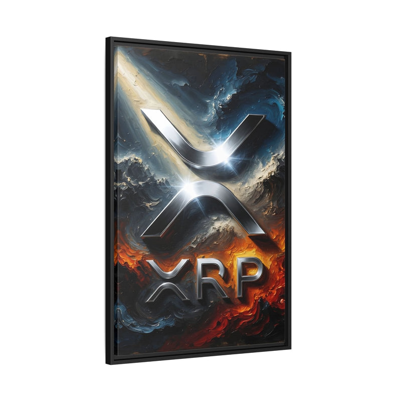 Framed XRP logo canvas print with metallic X emblem and glowing orange “XRP”