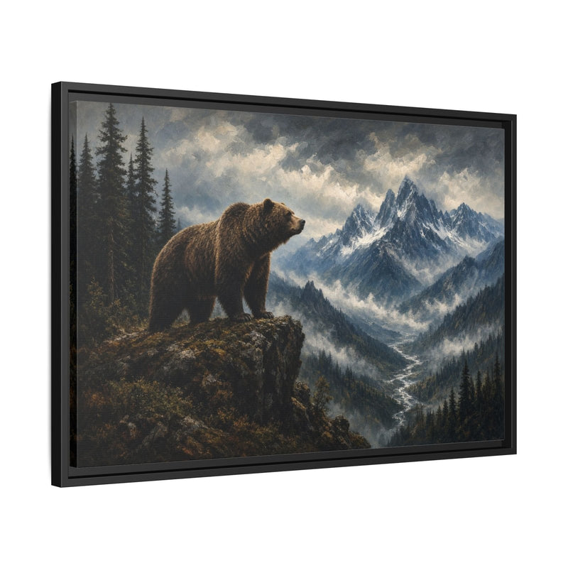 Black-framed bear and mountain landscape canvas, side view shows frame depth