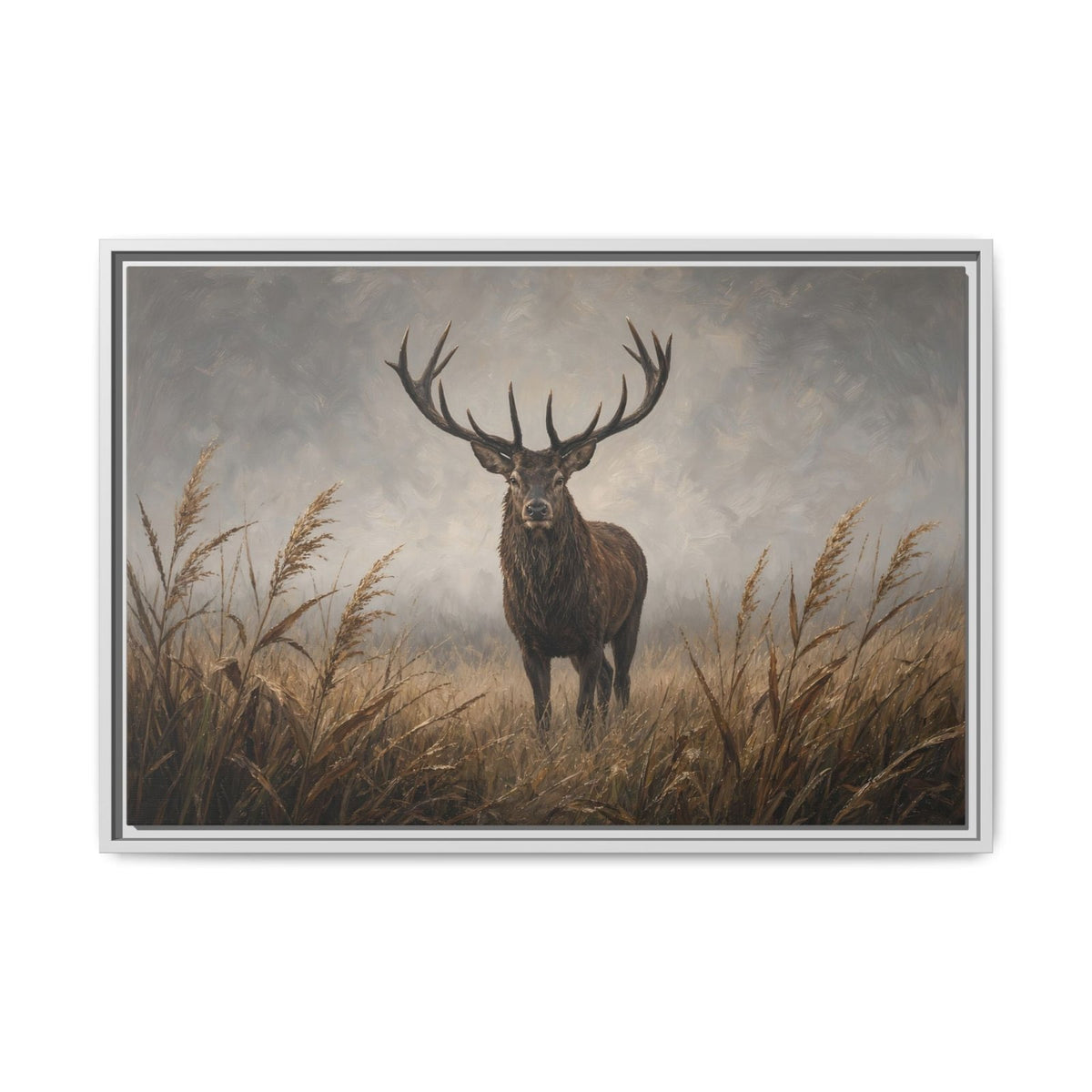 Stag deer canvas wall art in reeds, light frame, portrait view