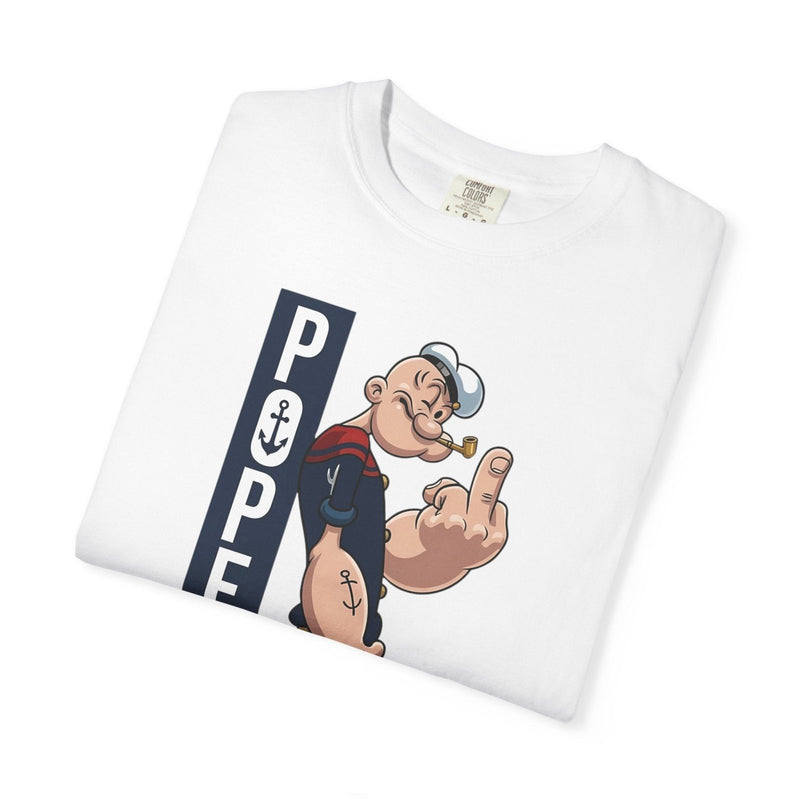 White folded graphic cartoon T-shirt with vertical sailor-themed print at center
