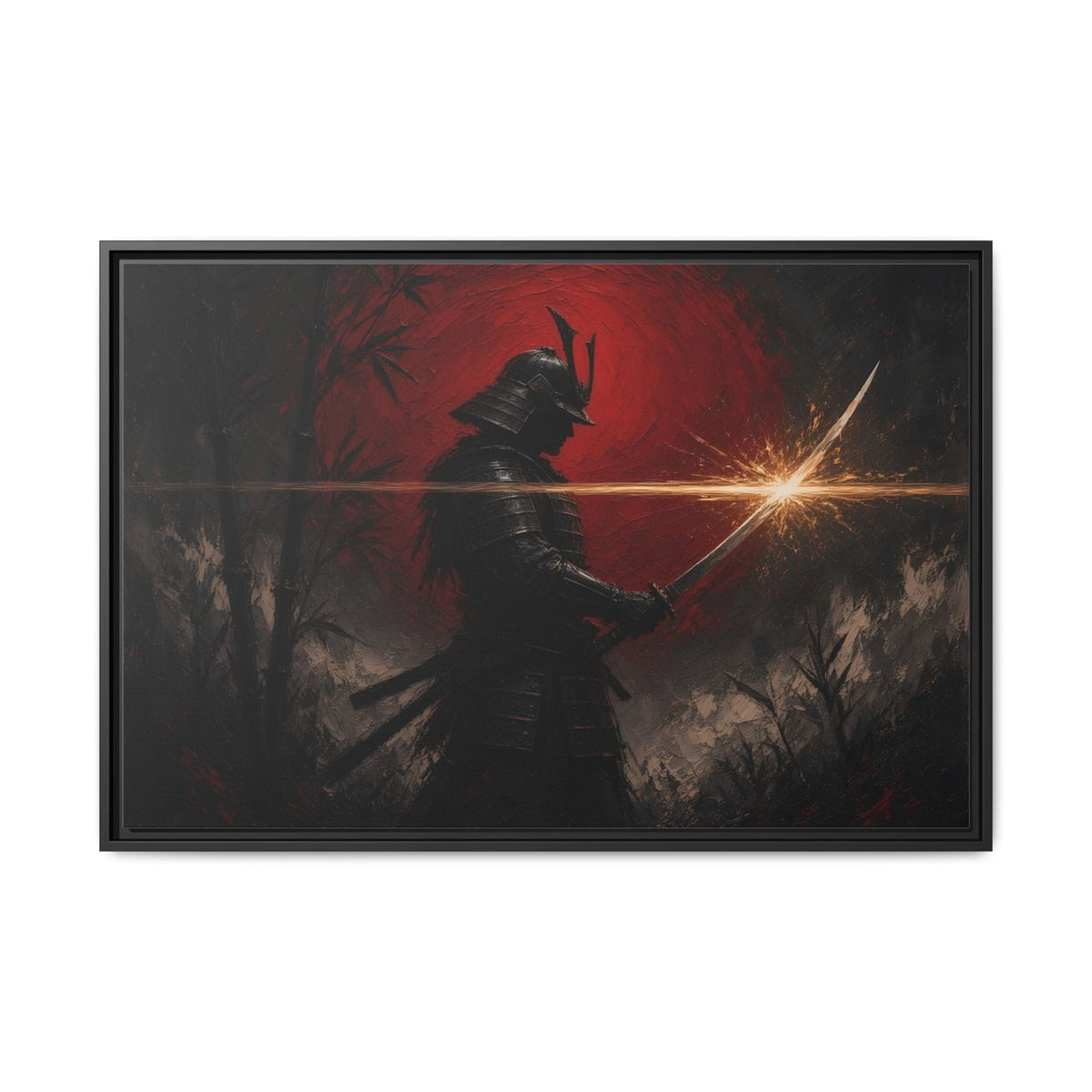 Framed warrior canvas with black frame, dark samurai silhouette, red backdrop, and glowing sword
