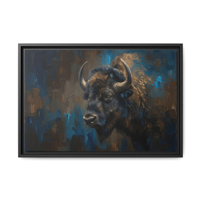 Framed Bison Canvas Art — Rustic Blue & Brown Wildlife Wall Decor