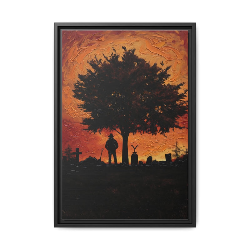 Black framed matte canvas wall art with silhouetted tree canopy over sunset scene