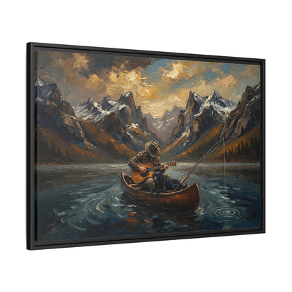 Framed Canvas - Lakeside Serenade - Canoe Guitar & Fishing With Mans Best Friend