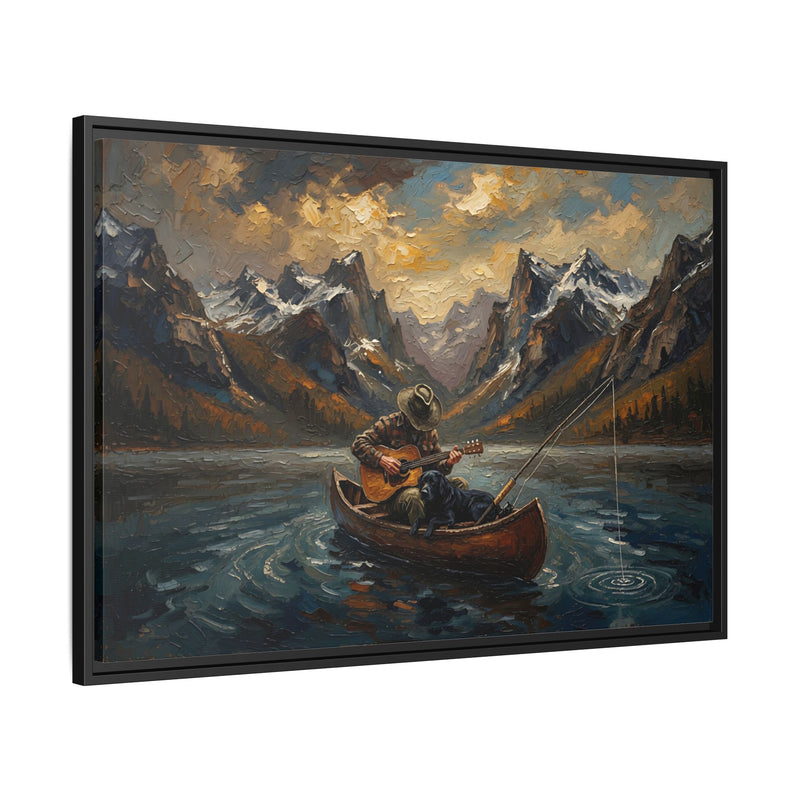 Framed Canvas - Lakeside Serenade - Canoe Guitar & Fishing With Mans Best Friend