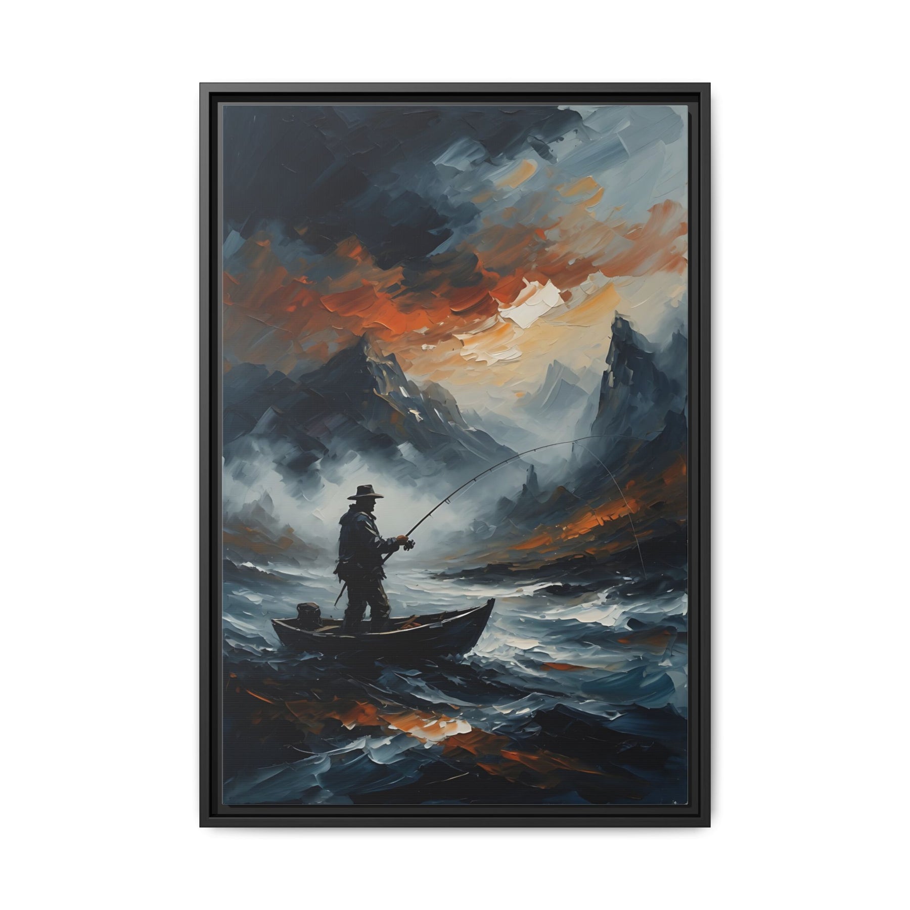Framed Matte Canvas - Lone Fisherman - Mountain Lake Storm