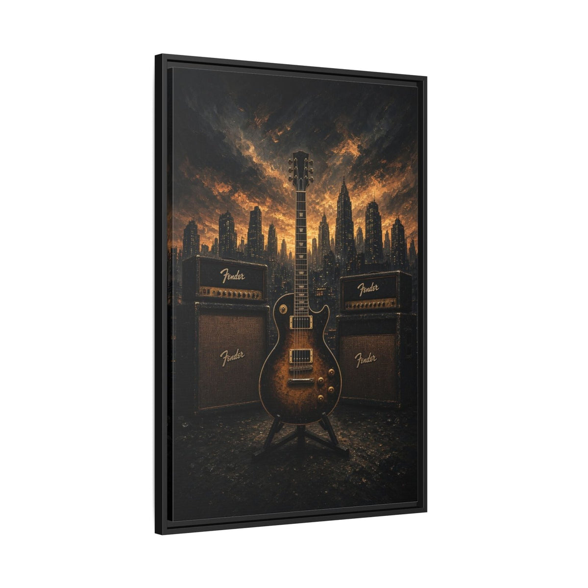 Guitar, Amps & Burning Skyline Cityscape Canvas