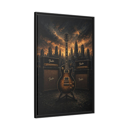 Guitar, Amps & Burning Skyline Cityscape Canvas