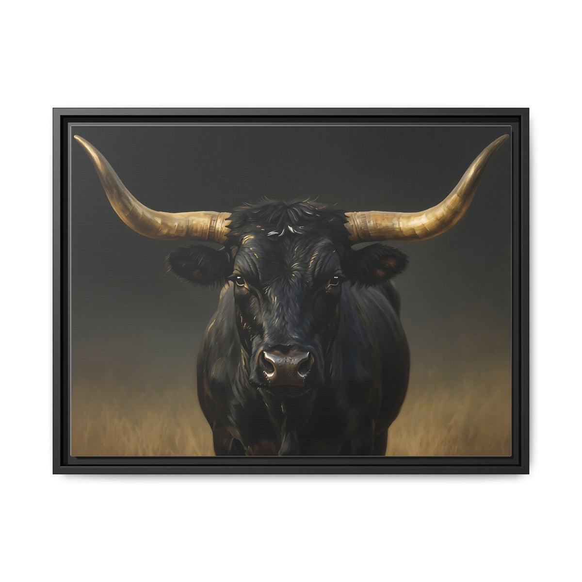 Majestic Black Longhorn Bull Wall Art : Framed Matte Canvas: