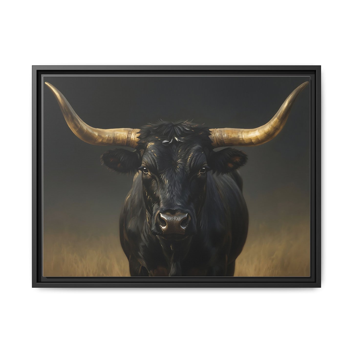 Majestic Black Longhorn Bull Wall Art : Framed Matte Canvas:
