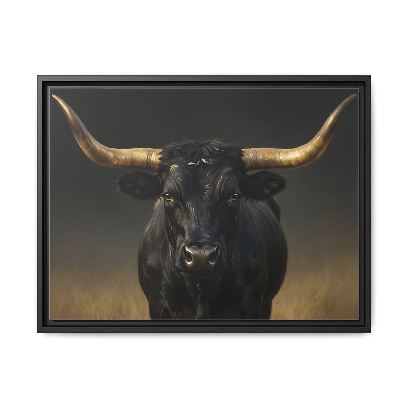 Framed bull wall art on matte black canvas, dark longhorn head with gold horns