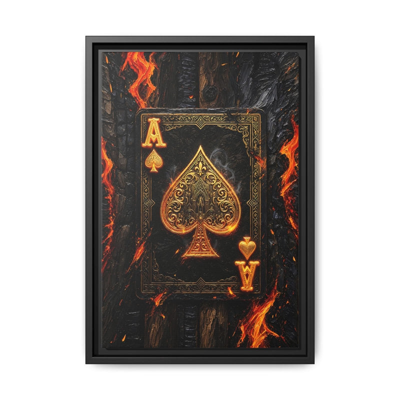 Black-framed canvas of burning ace of spades with orange flame accents on dark artwork