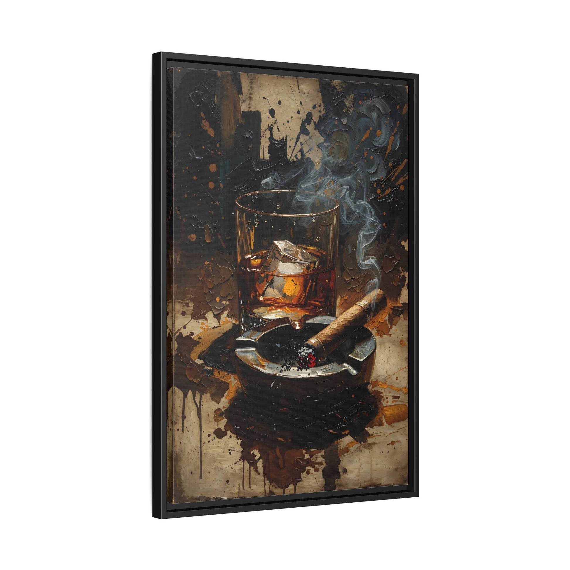 Black framed canvas artwork with whiskey pour, ashtray, cigar, and textured splatter backdrop