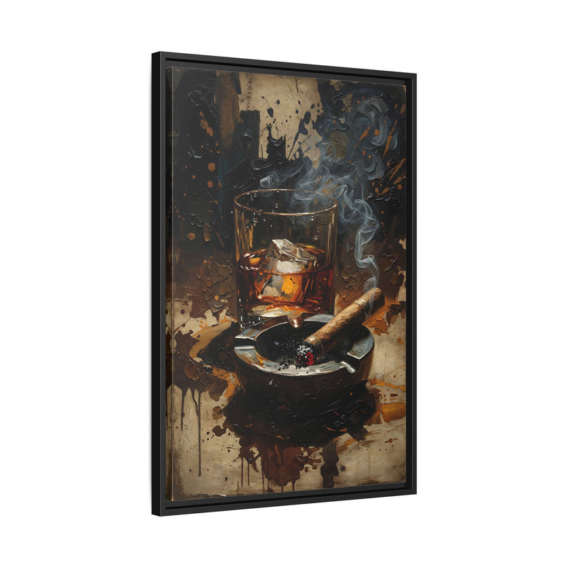 Black framed canvas artwork with whiskey pour, ashtray, cigar, and textured splatter backdrop