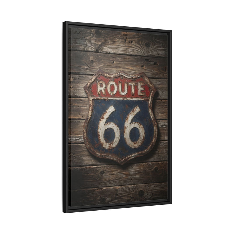 Route 66 Vintage Sign Framed Canvas — Rustic Retro Road Trip Wall Art