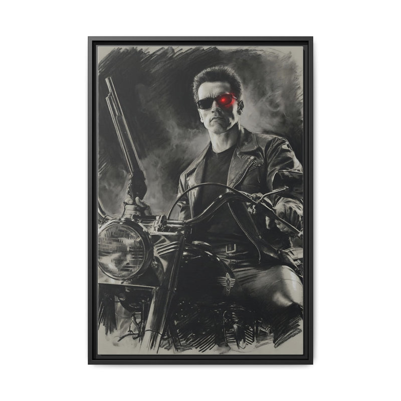 Framed matte canvas wall art: grayscale cyborg-style portrait with red eye