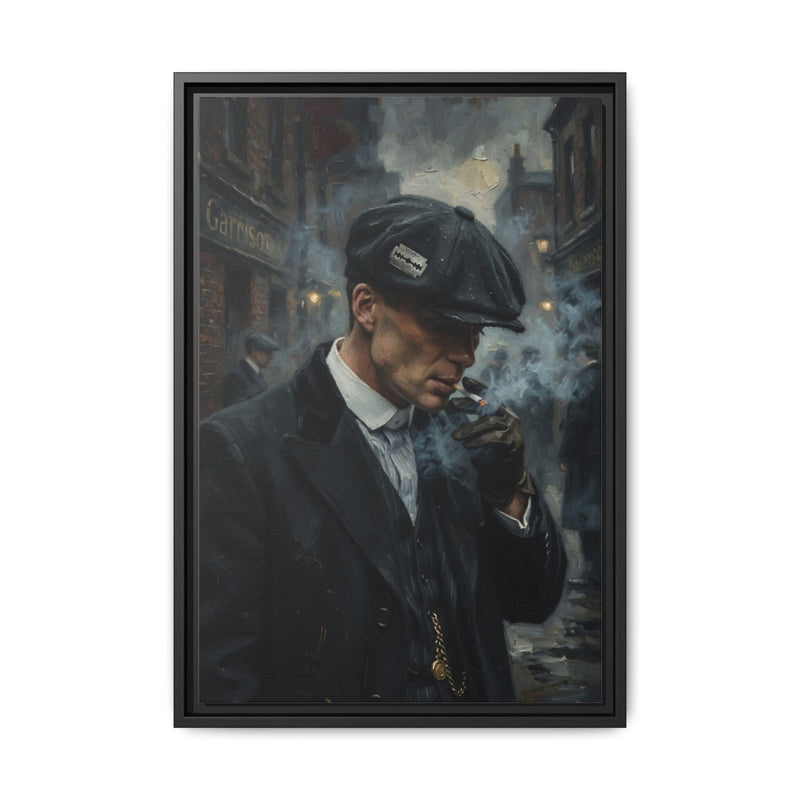 Framed matte canvas: gentleman in cap smoking with hand near mouth, dark suit