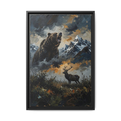 Roaring Bear & Stag Matte Framed Canvas - Wilderness Wall Art