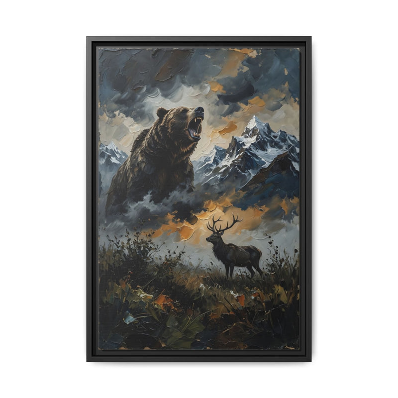 Vertical framed canvas showing roaring bear and deer amid snowy peaks; black matte frame