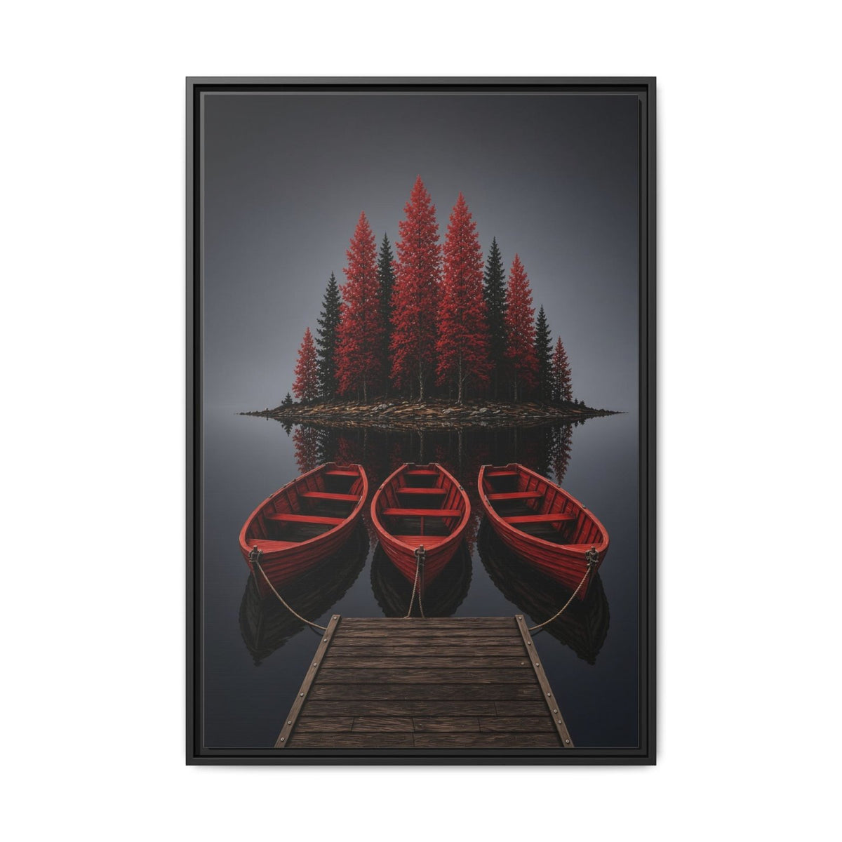Framed lake canvas wall art featuring red canoes and pine trees above a dock