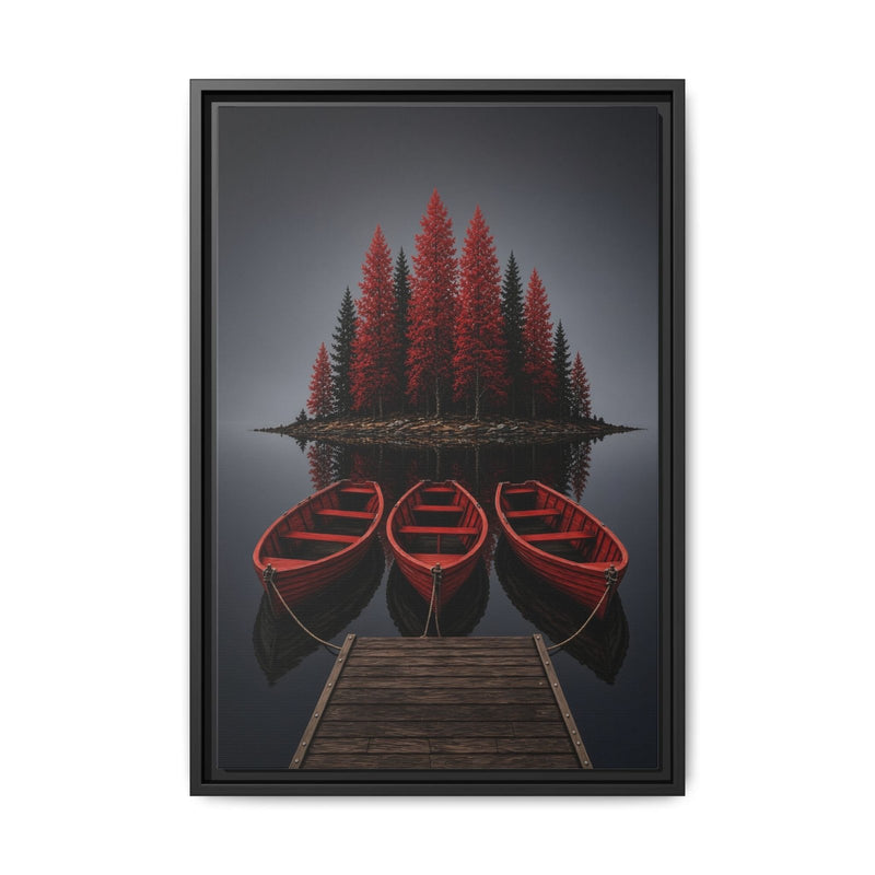 Framed lake canvas with red canoes, pine trees, and wooden dock reflection