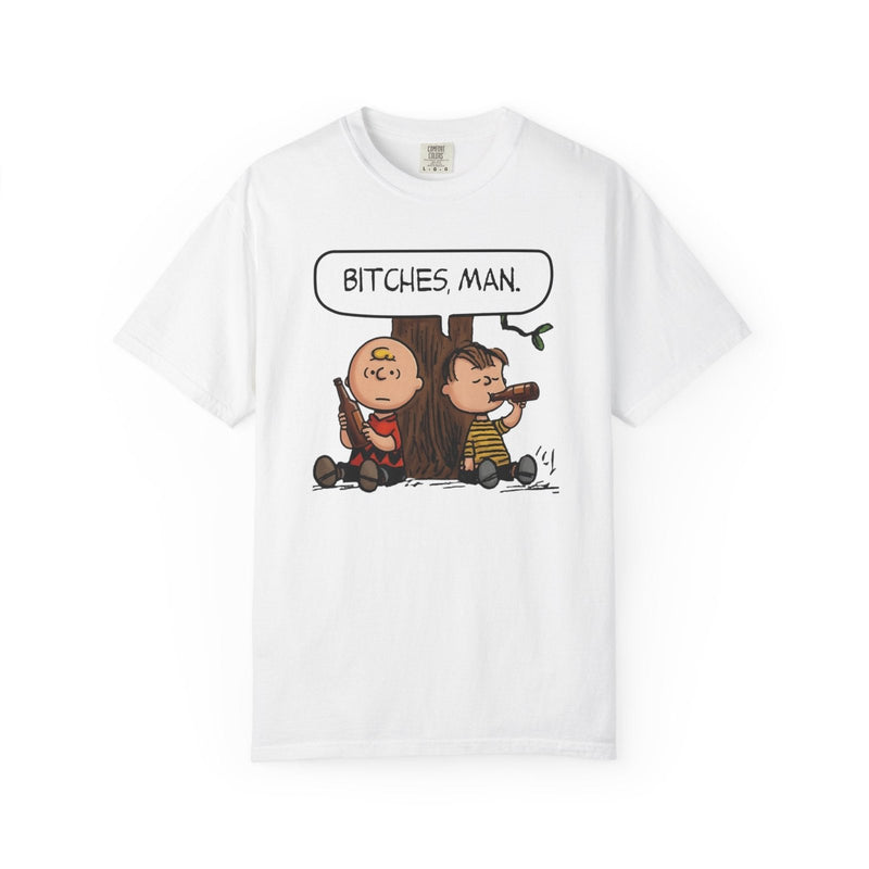 White graphic t-shirt with cartoon characters and “BITCHES, MAN.” print on chest