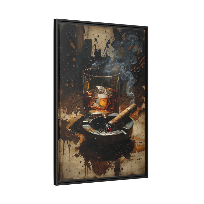 Black framed canvas art displaying a whiskey glass, ashtray, cigar, and curling smoke illustration