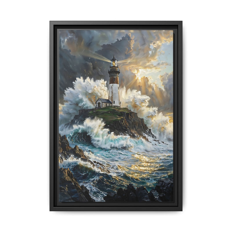 Black-framed canvas wall art featuring a lighthouse on a rocky shoreline in stormy seas