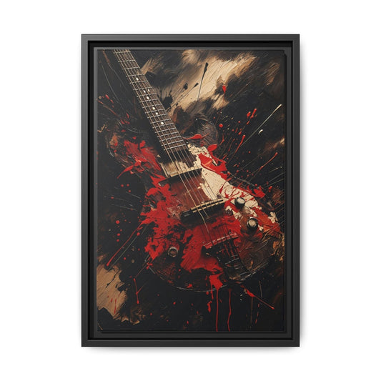 Black-framed guitar rock art print with red splashes, electric guitar strings