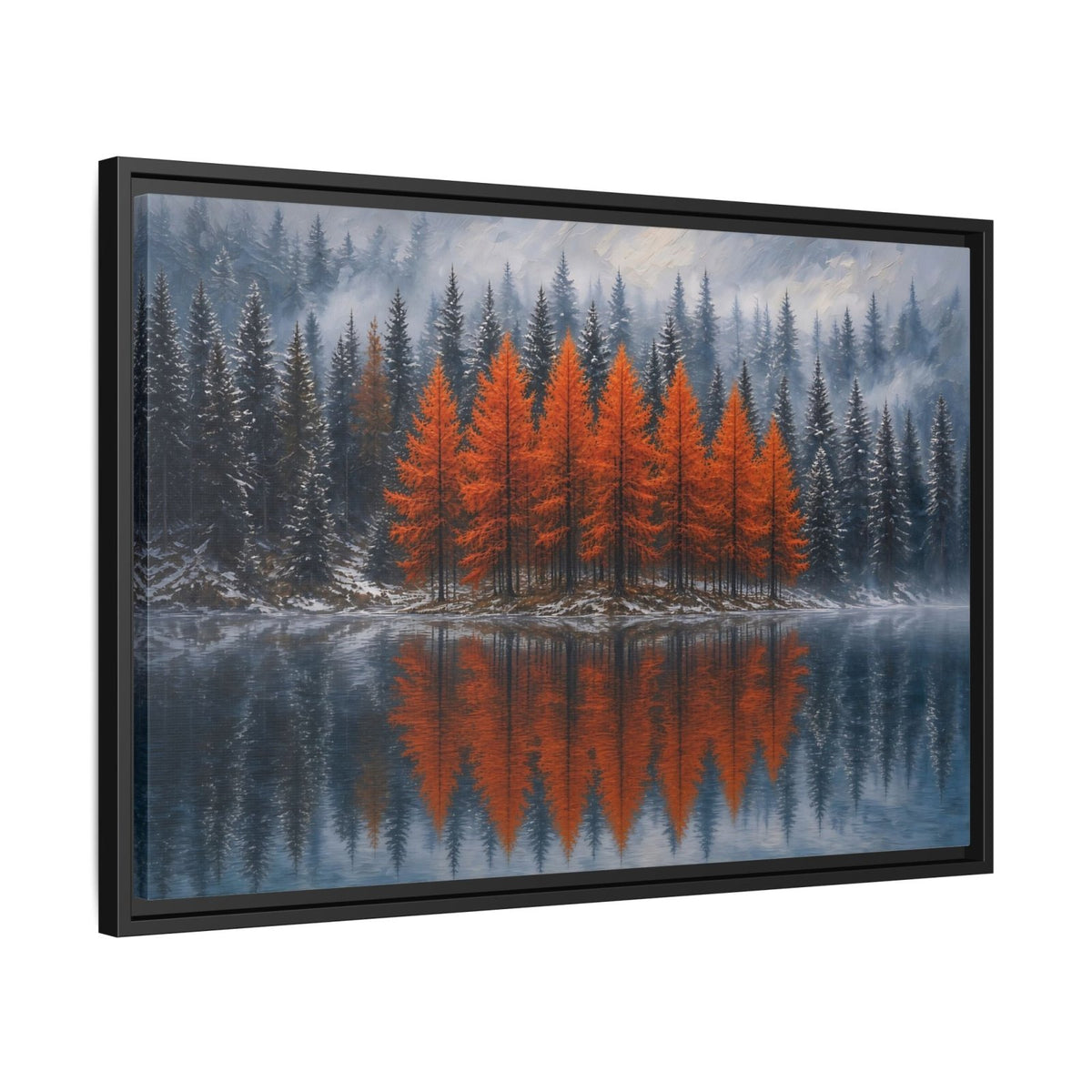 Framed landscape canvas wall art with orange forest and lake reflection, black frame, angled