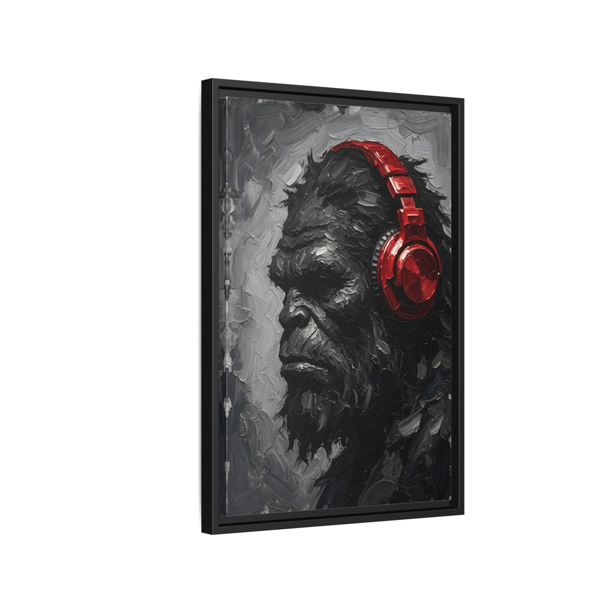 Framed canvas print of Bigfoot portrait wearing red over-ear headphones, monochrome tones